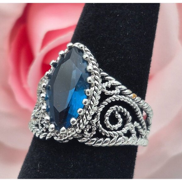 Silver Tone Filigree Style Cocktail Fashion Ring Blue Marquise Center Size 7 - Picture 6 of 8